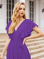 Baoleely Women's Open Back Formal Evening Party Prom Gowns V-Neck Long Chiffon Bridesmaid Dresses with Waist Belt 28038