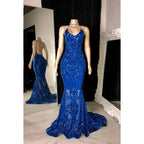 Vestido de noche sexy y atractivo con escote en V, corte sirena, sin mangas, abertura y lentejuelas