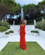 Vestido de fiesta largo rojo con volantes y espalda descubierta, estilo sexy, modelo Y7474