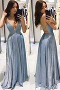 Robe de bal longue sexy trapèze à col en V et fines bretelles sans manches et dos nu