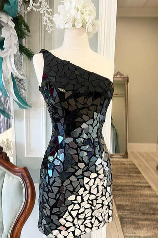 Robe courte asymétrique à une épaule en verre taillé dégradé et miroir
