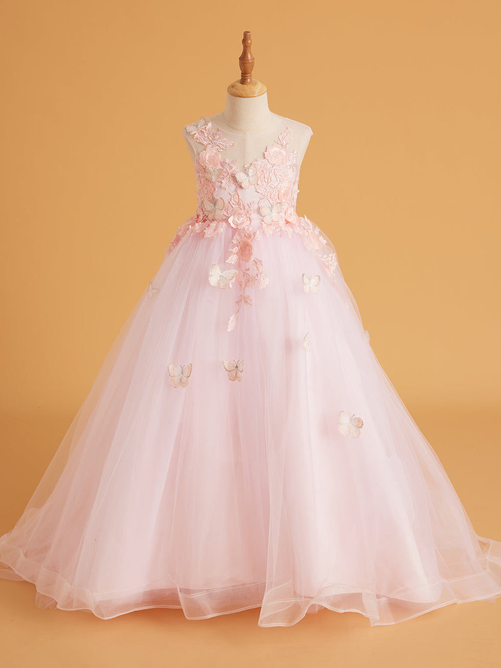 Vestido rosa con cola de tul y encaje (2003227825) 