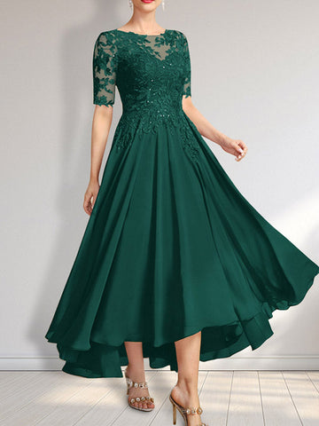 A-line Scoop Illusion Asymmetrical Chiffon Lace Mother of the Bride Dress With Sequins