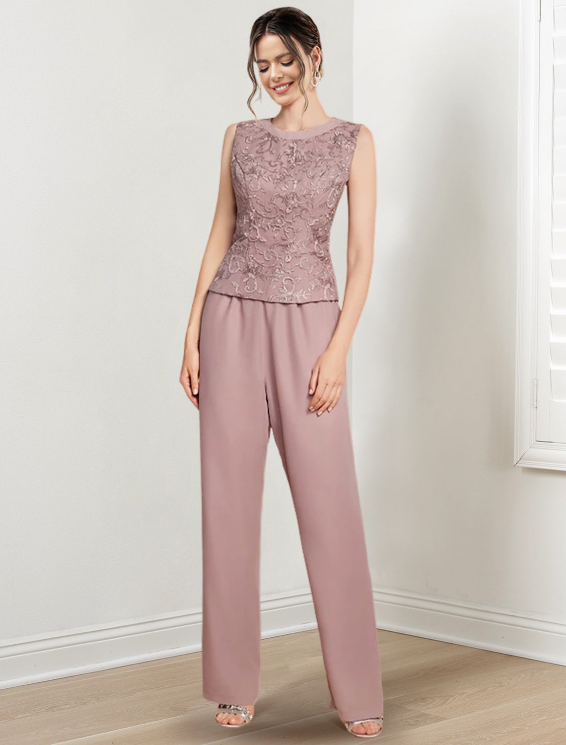 Tailleur-pantalon en mousseline à col bijou pour la mère de la mariée, avec veste 