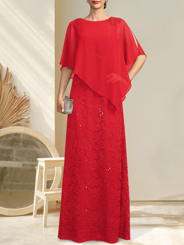 Robe fourreau/colonne longue en mousseline de soie et dentelle, ornée de sequins et de perles, pour la mère de la mariée.