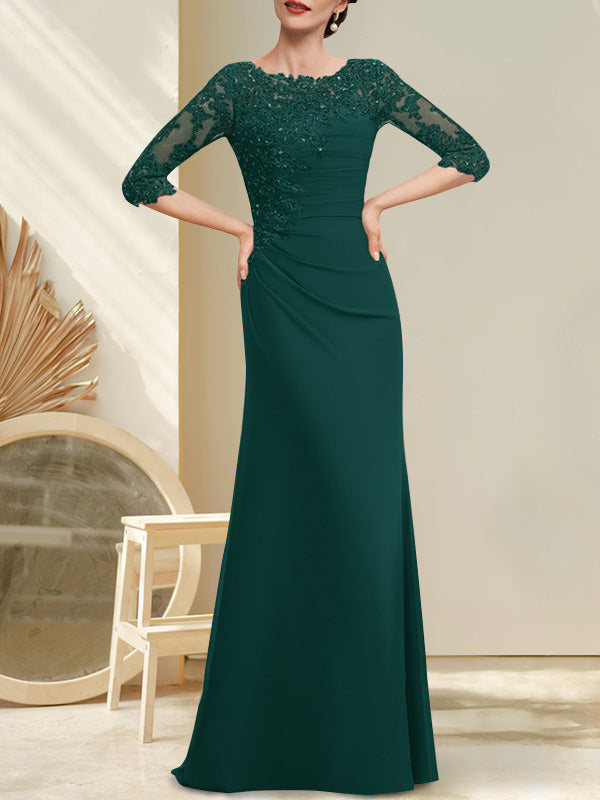 Vestido de corte A, escote redondo, largo hasta el suelo, de gasa, encaje, con cuentas, lentejuelas plisadas, para la madre de la novia.