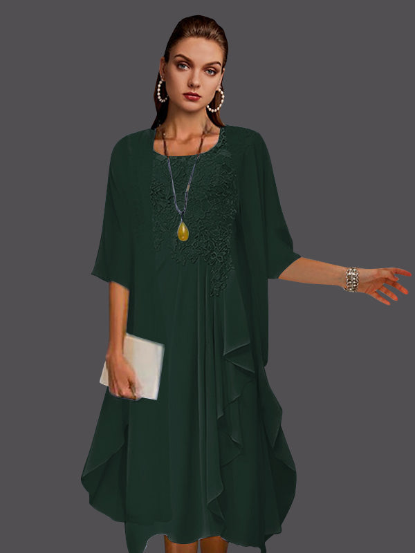 Vestidos de dos piezas de corte A, de gasa, encaje, sin mangas, con chaqueta, pliegues y apliques. 