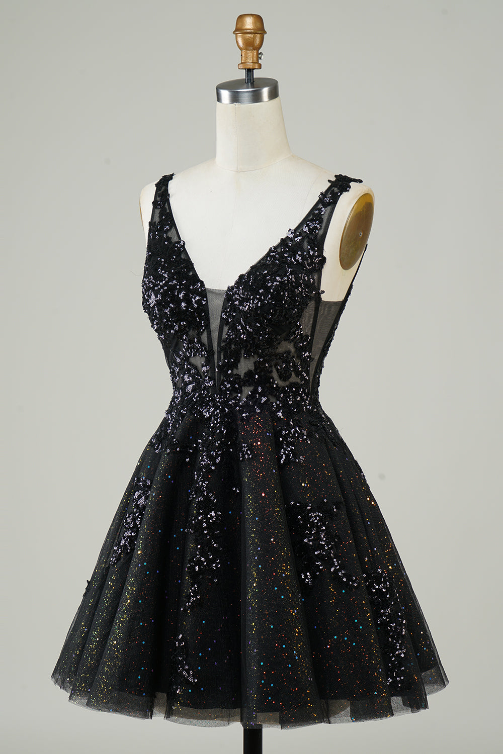 Robe de bal courte orange tendance, coupe trapèze, décolleté en V profond et appliques