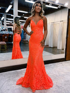 Vestido largo de fiesta ajustado de sirena rosa con escote en V y espalda descubierta con purpurina y escote en V