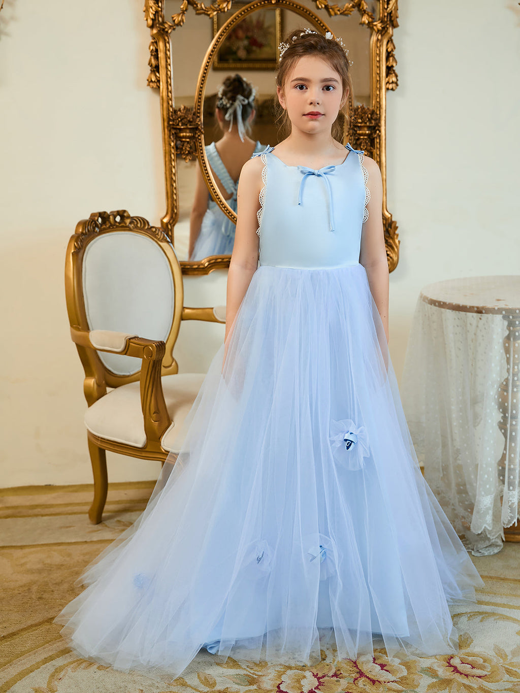 Vestido de niña de las flores azul con cola de tul estilo princesa/baila de baile 