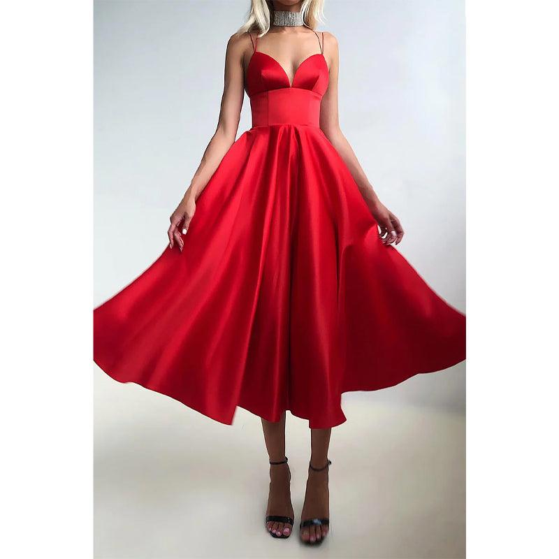 Robe de soirée simple à bretelles spaghetti et col en V 