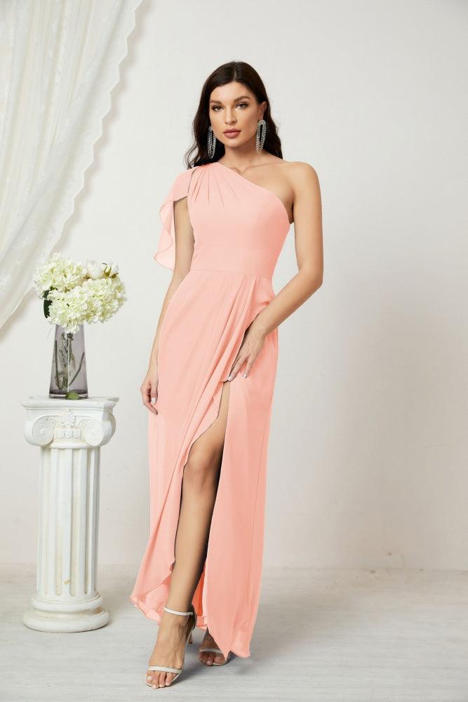 Baoleely  Chiffon Ruffled One Shoulder Long Bridesmaid Dresses A-line Formal Evening Gown Side Split 2809