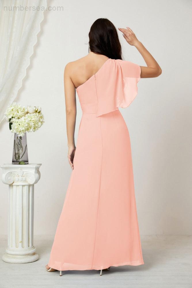 Baoleely  Chiffon Ruffled One Shoulder Long Bridesmaid Dresses A-line Formal Evening Gown Side Split 2809