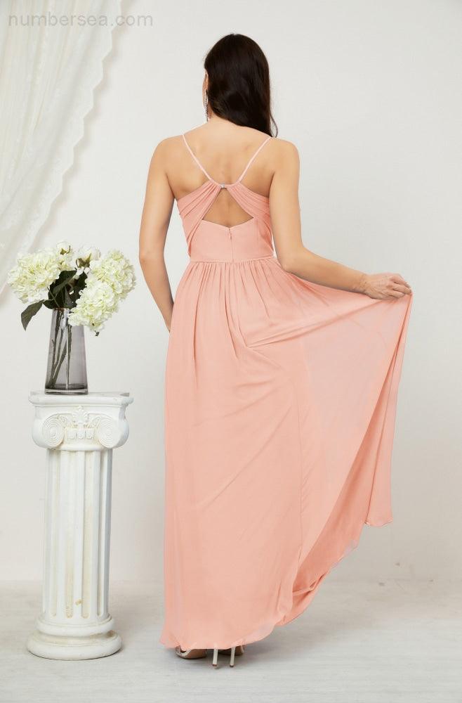 Robe de demoiselle d'honneur en mousseline de soie, longue, coupe trapèze, col en V, pour soirée de mariage, 2801 
