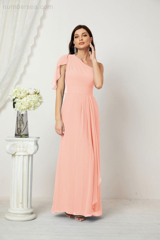 Baoleely  Chiffon Ruffled One Shoulder Long Bridesmaid Dresses A-line Formal Evening Gown Side Split 2809