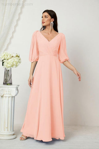 Baoleely  Formal Prom Gown Women V-Neck Chiffon Bridesmaid Dresses Long Bishop Sleeve Party Dress 2807