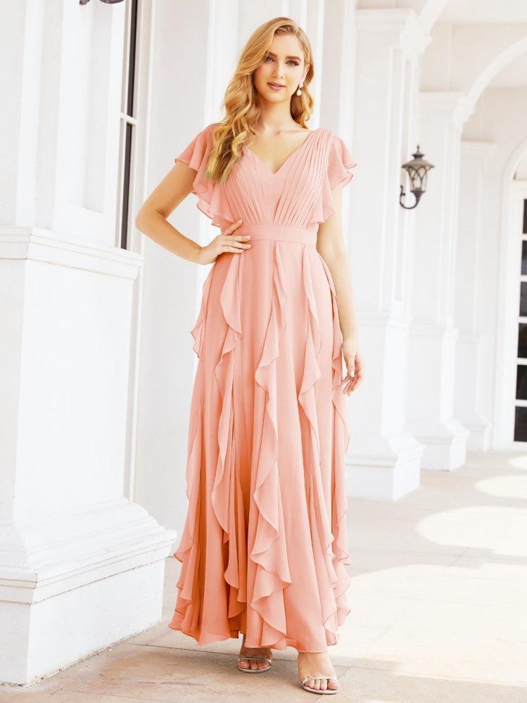 Ruffled Bridesmaid Dresses with Sleeves Long Formal Party Dress 28041