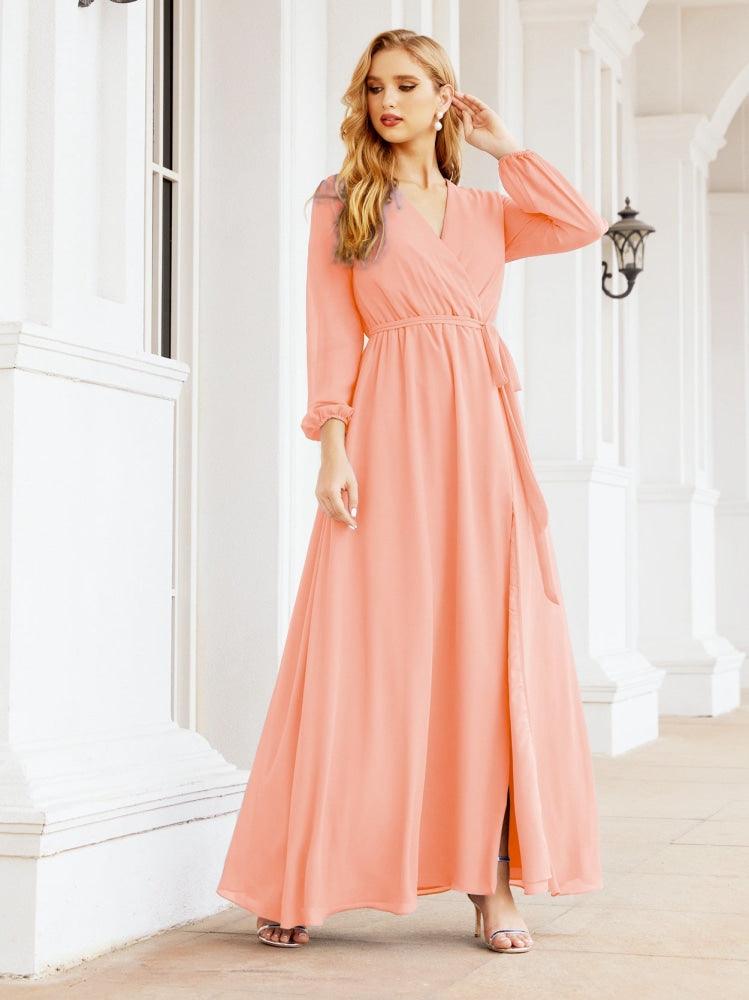 Vestido de dama de honor de gasa para mujer Sunderly, corte en A, manga larga, vestido de noche formal para invitada de boda SY28032 