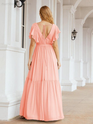 Vestido de fiesta formal de noche con espalda descubierta para mujer Baoleely, escote en V, largo, de gasa, con cinturón a la cintura 28038