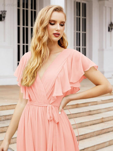 Vestido de fiesta formal de noche con espalda descubierta para mujer Baoleely, escote en V, largo, de gasa, con cinturón a la cintura 28038