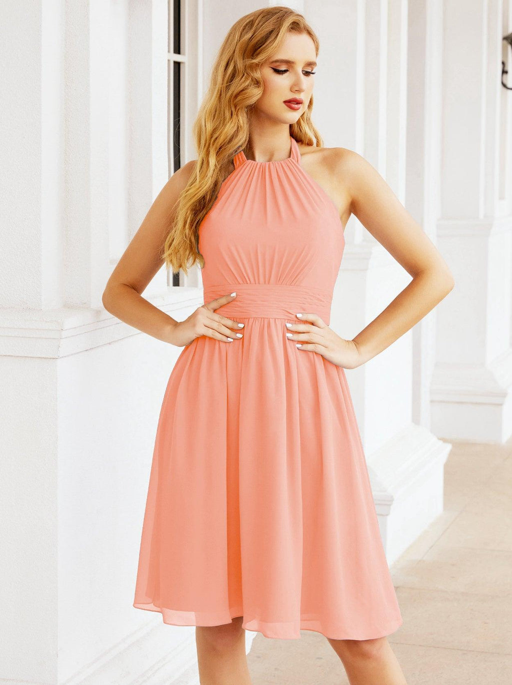 Robe de demoiselle d'honneur courte en mousseline de soie, dos nu, sans manches, robe de soirée formelle, dos nu, Baoleely 28023 