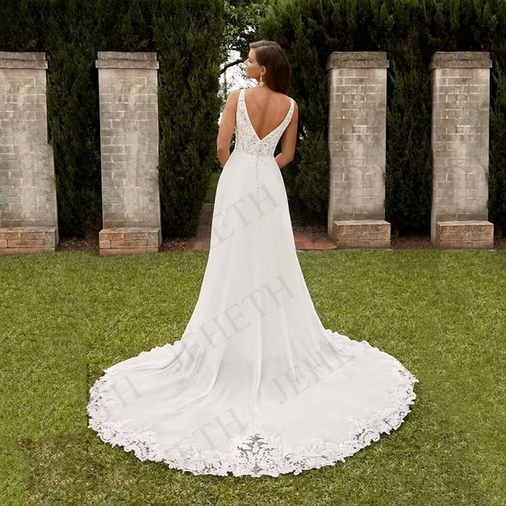 Vestidos de novia vintage corte A boho con encaje, escote en V, abertura, sin mangas, vestidos de novia, espalda descubierta con apliques para mujer 