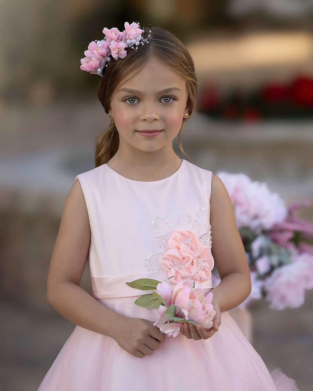 Vestido de niña de las flores de corte A, de satén y tul, hasta el suelo, con volantes en cascada. 
