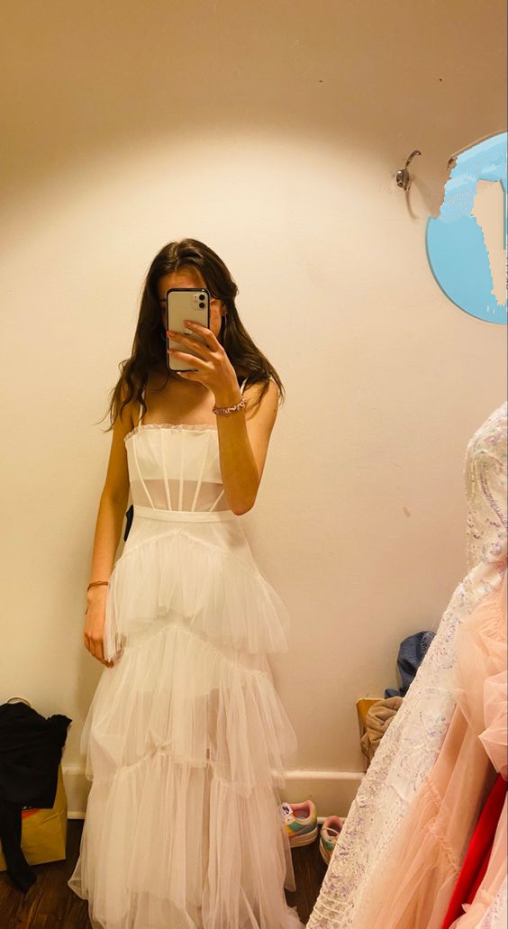 Elegante vestido de fiesta blanco de tul multicapa, vestido de noche blanco Y6802