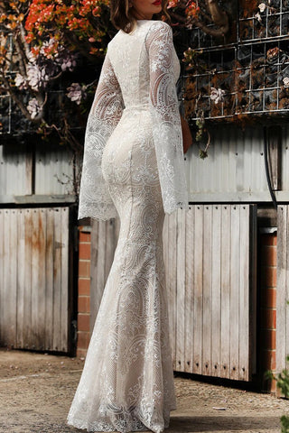 Vestidos de noche sexys formales de encaje sólido con cremallera y escote en V 