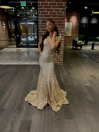 Robe de soirée sirène dorée style corset brodé princesse Y5887