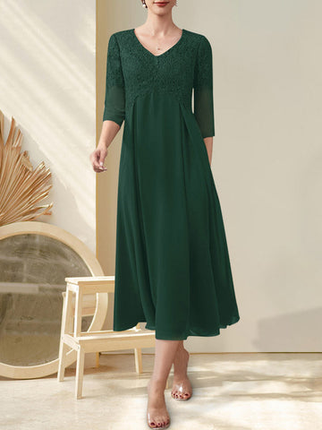 A-line V-Neck Tea-Length Chiffon Lace Mother of the Bride Dress With Beading