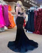 Robe de bal sirène bleu roi à fente haute et perles SYP104