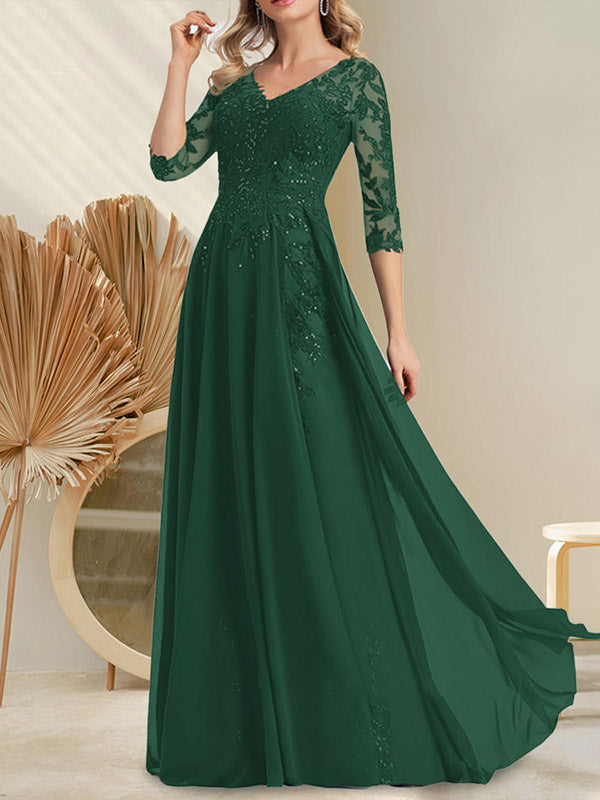 Vestido de novia de corte A, escote en V, largo hasta el suelo, de gasa de encaje con lentejuelas para la madre de la novia