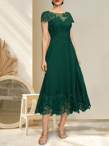 A-line Illusion Scoop Tea-Length Lace Chiffon Mother of the Bride Dress With Sequins