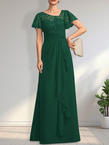 A-line Asymmetrical Illusion Floor-Length Lace Chiffon Mother of the Bride Dress With Cascading Ruffles Sequins