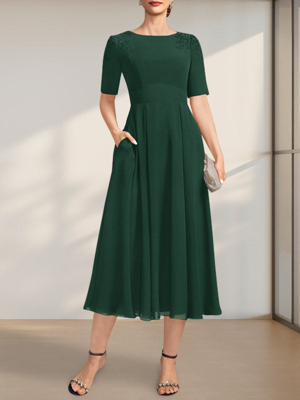 Vestido de corte A, escote redondo, largo té, de gasa, para la madre de la novia, con apliques de encaje y lentejuelas.