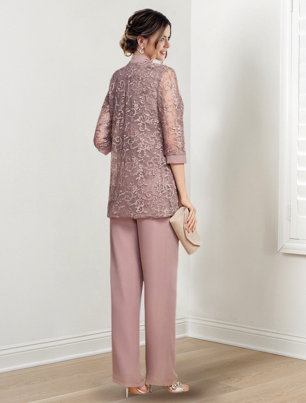 Tailleur-pantalon en mousseline à col bijou pour la mère de la mariée, avec veste 