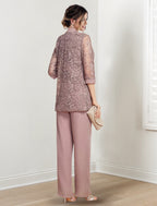 Tailleur-pantalon en mousseline à col bijou pour la mère de la mariée, avec veste 