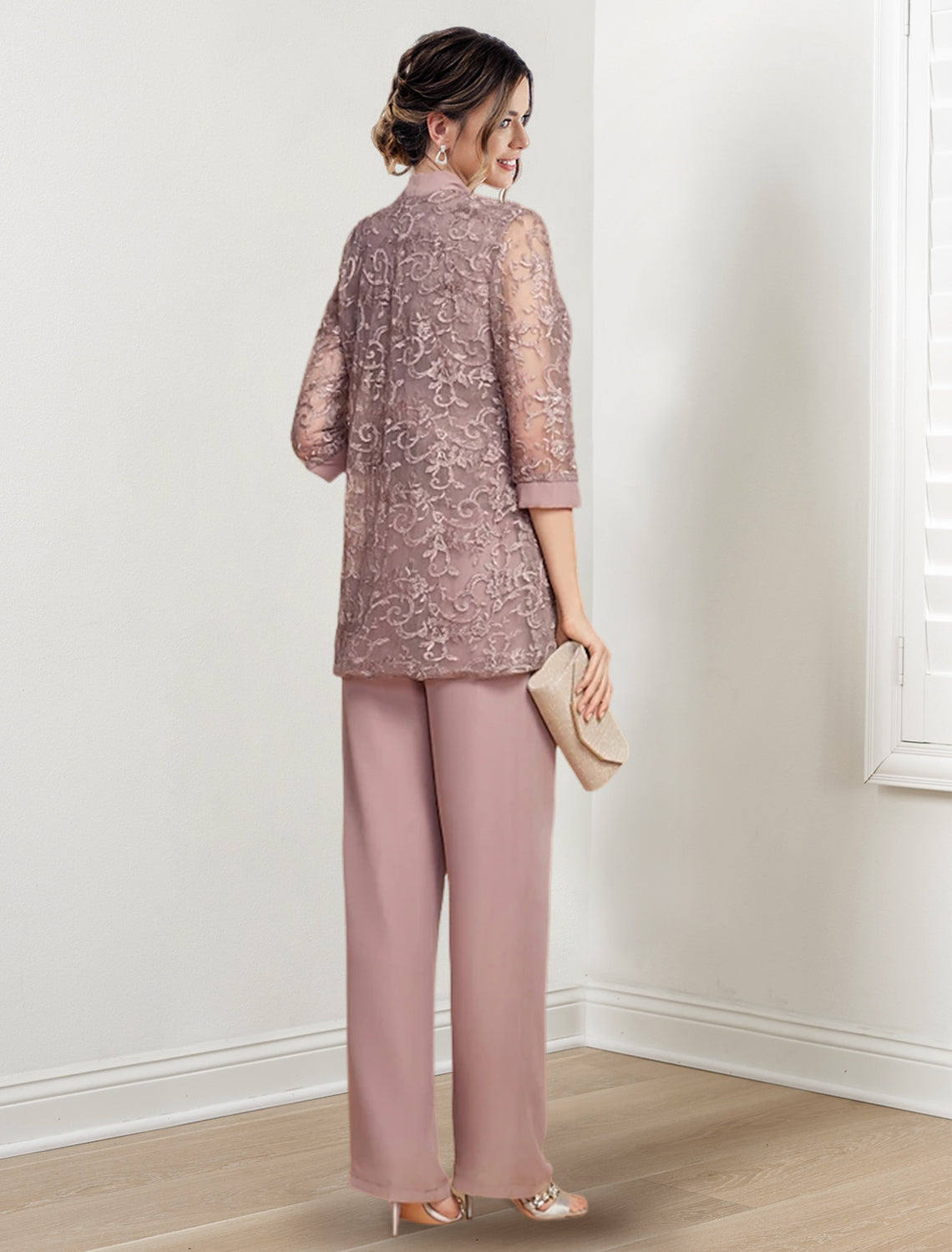 Tailleur-pantalon en mousseline à col bijou pour la mère de la mariée, avec veste 