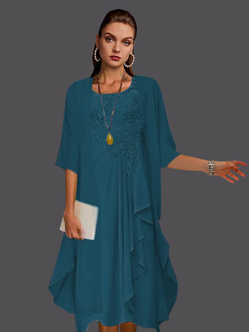 Two Piece A-Line Chiffon Lace Sleeveless Jacket Dresses with Pleats Appliques