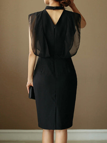 Vestidos de noche midi sueltos sin mangas de gasa calada transparente con abertura en la entrepierna, cremallera y cuello alto 