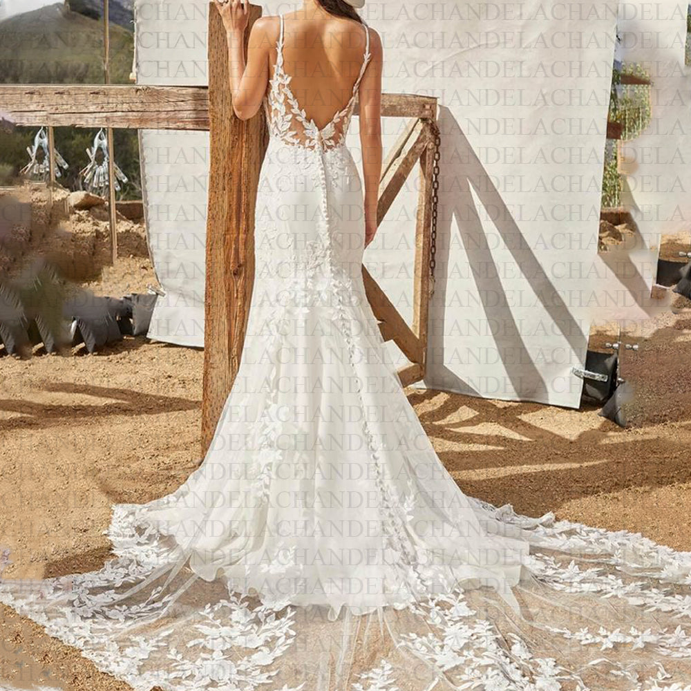 Robe de mariée sirène à fines bretelles en satin, col en V, appliques, dos nu, sans manches, personnalisable. 
