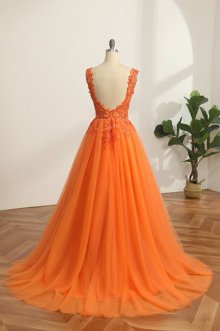 Princess A Line V Neck Orange Long Prom Dress with Appliques