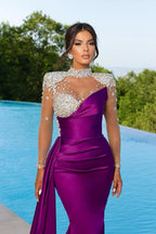 Robe de soirée violette à manches longues, coupe sirène, volants et cristaux