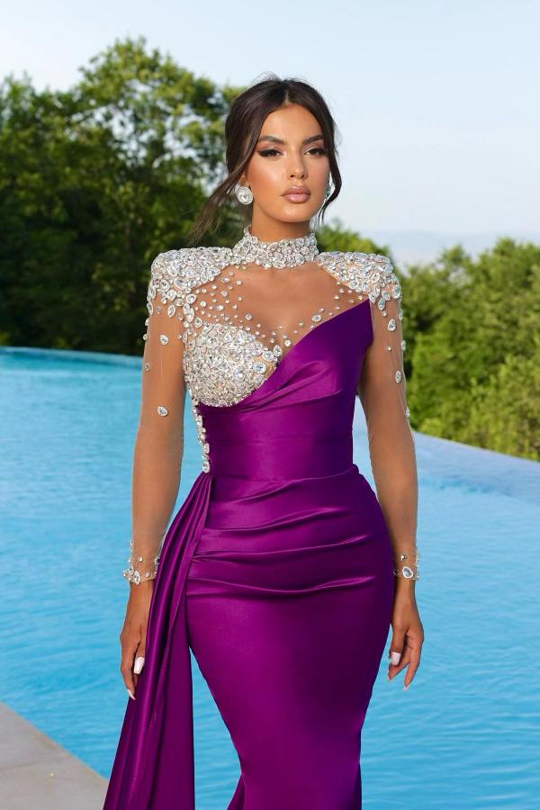 Robe de soirée violette à manches longues, coupe sirène, volants et cristaux