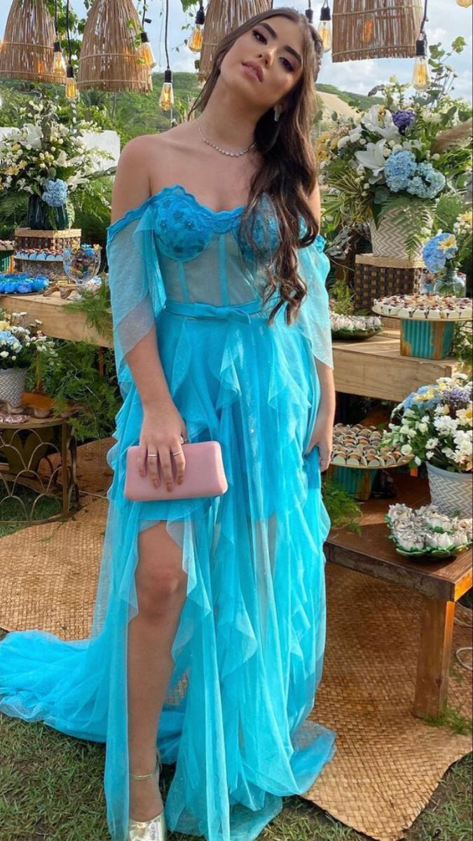 Robe de bal longue bleue à épaules dénudées, charmante robe de soirée bleue Y2395