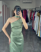 Elegant One Shoulder Hot Pink Satin Sheath Prom Dress Long Evening Dress Y8419