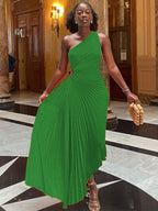 Robe trapèze plissée sans manches à taille roulée, sans manches, à une épaule, sexy, style bal de promo et soirée.