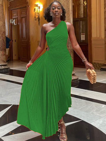 Robe trapèze plissée sans manches à taille roulée, sans manches, à une épaule, sexy, style bal de promo et soirée.