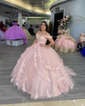 Vestido de baile rosa de tul y encaje con hombros descubiertos, vestido para quinceañera Y2267